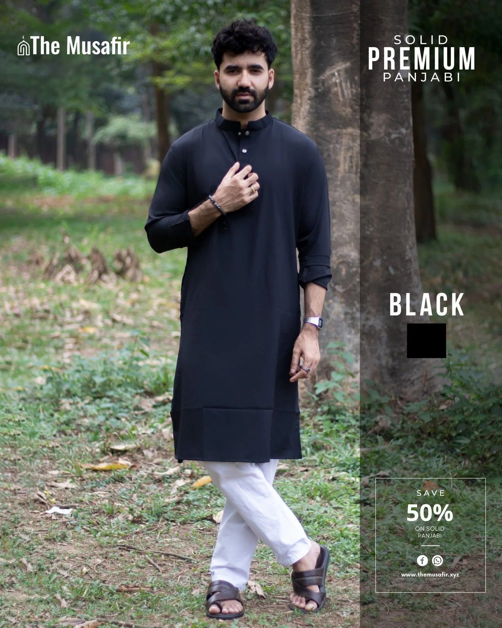 Black Color Solid Panjabi - The Musafir ব্ল্যাক কালার প্রিমিয়াম মাইক্রোস্টিজ সলিড পাঞ্জাবি - Image 1