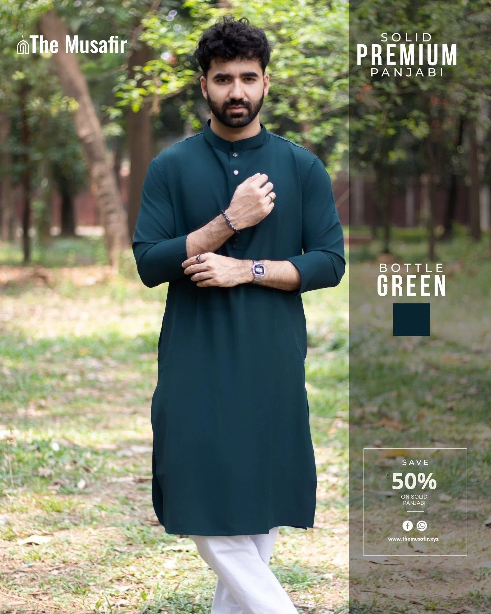 Bottol Green Color Solid Panjabi - The Musafir বটল গ্রীন কালার প্রিমিয়াম মাইক্রোস্টিজ সলিড পাঞ্জাবি - Image 1
