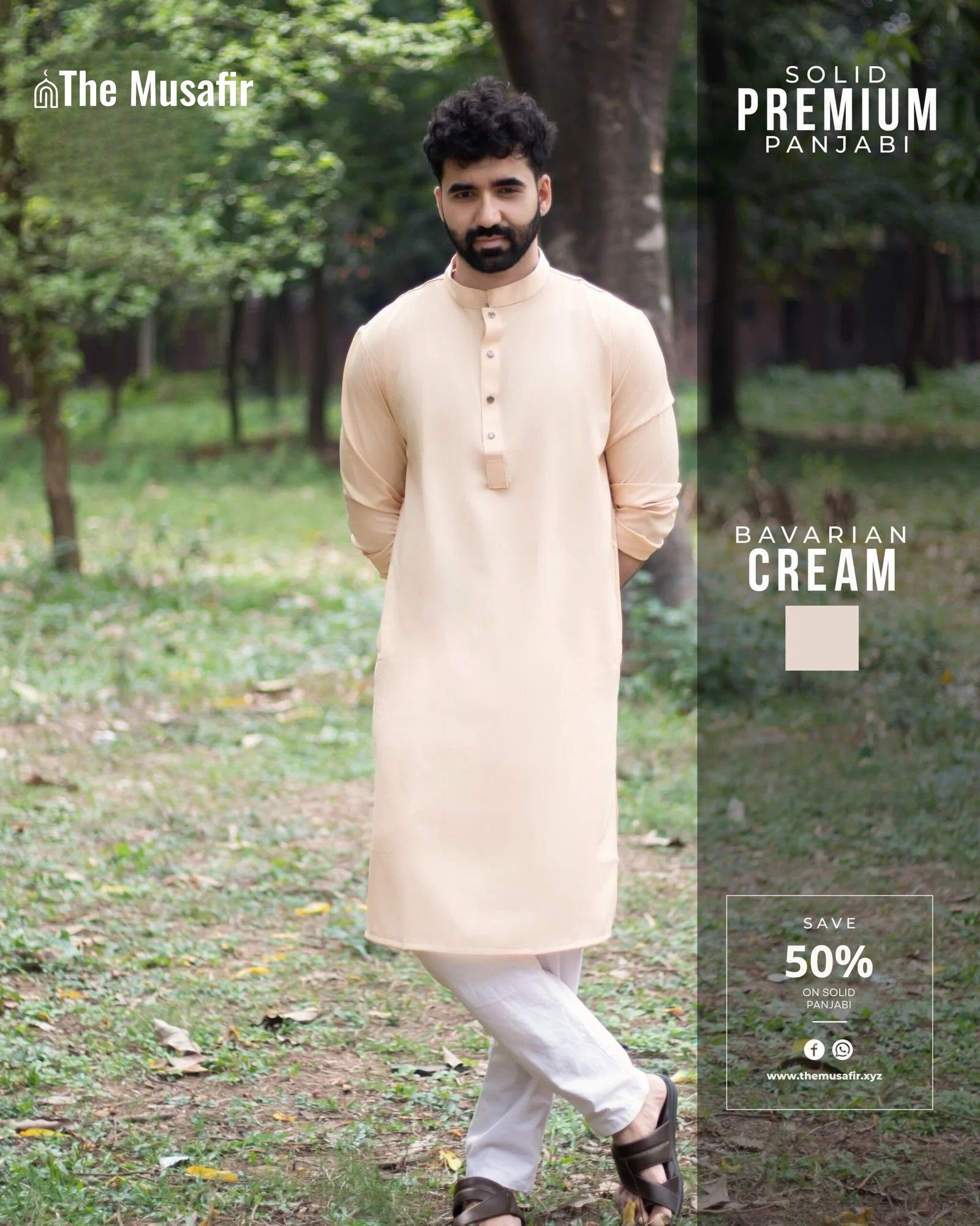 Cream Color Solid Panjabi - The Musafir ক্রিম কালার প্রিমিয়াম মাইক্রোস্টিজ সলিড পাঞ্জাবি - Image 1