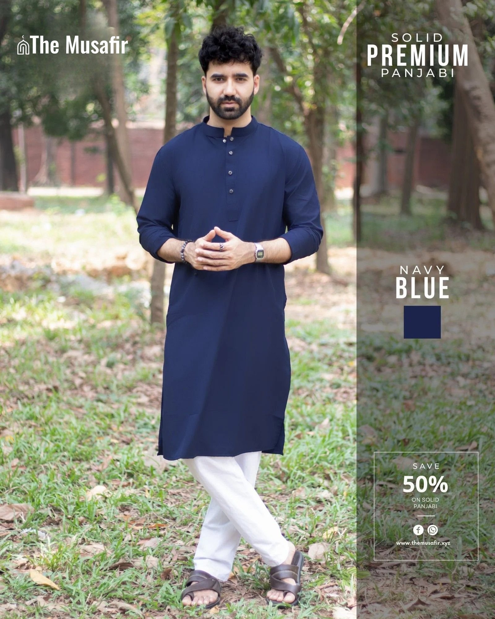 Navy Blue Color Solid Panjabi নেভি ব্লু কালার প্রিমিয়াম মাইক্রোস্টিজ সলিড পাঞ্জাবি - Image 1