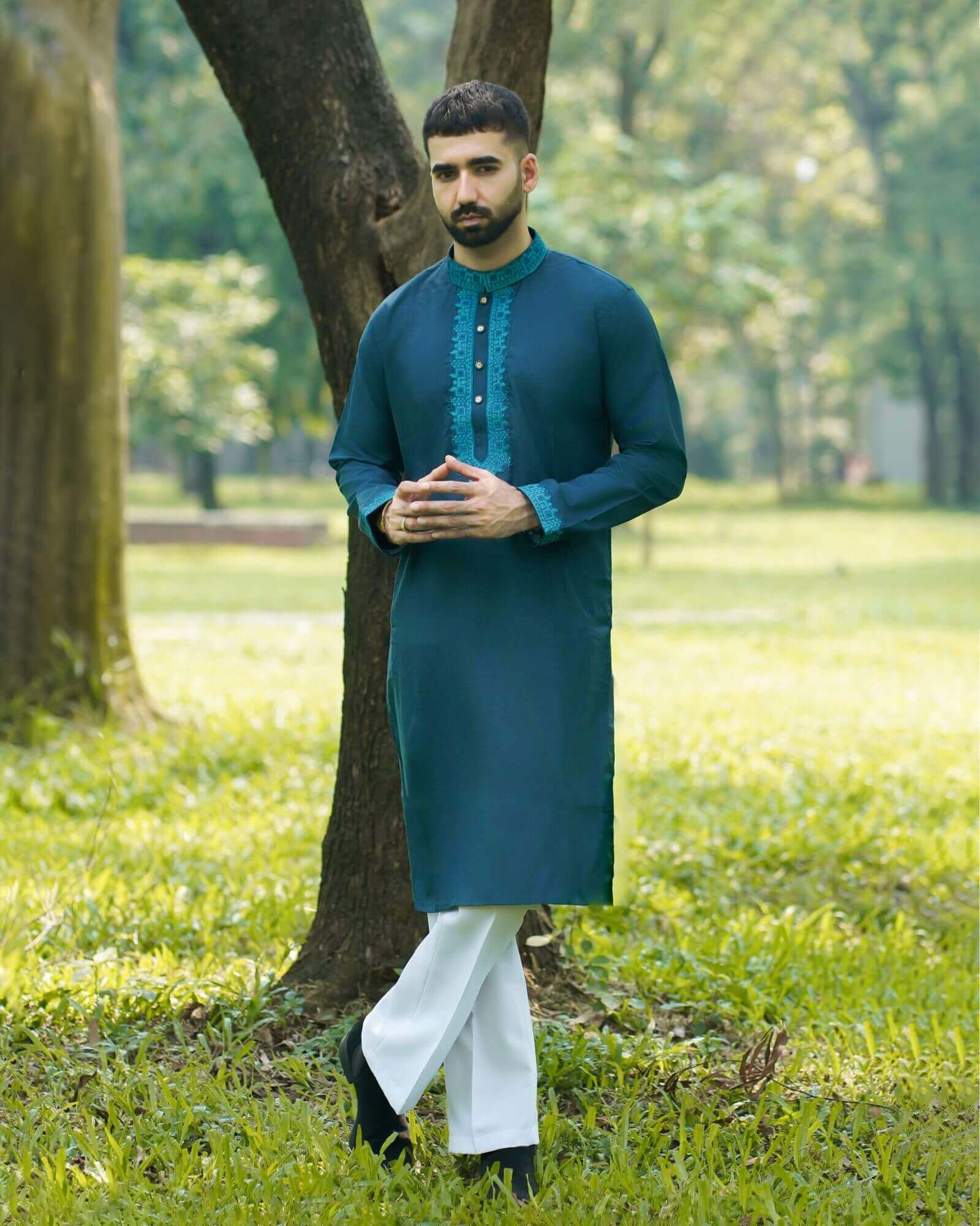 Petrol Blue Color Premium Embroidery Panjabi 1 পেট্রোল ব্লু কালার - প্রিমিয়াম কটন ফেব্রিকের এমব্রয়ডারি পাঞ্জাবি - Image 1